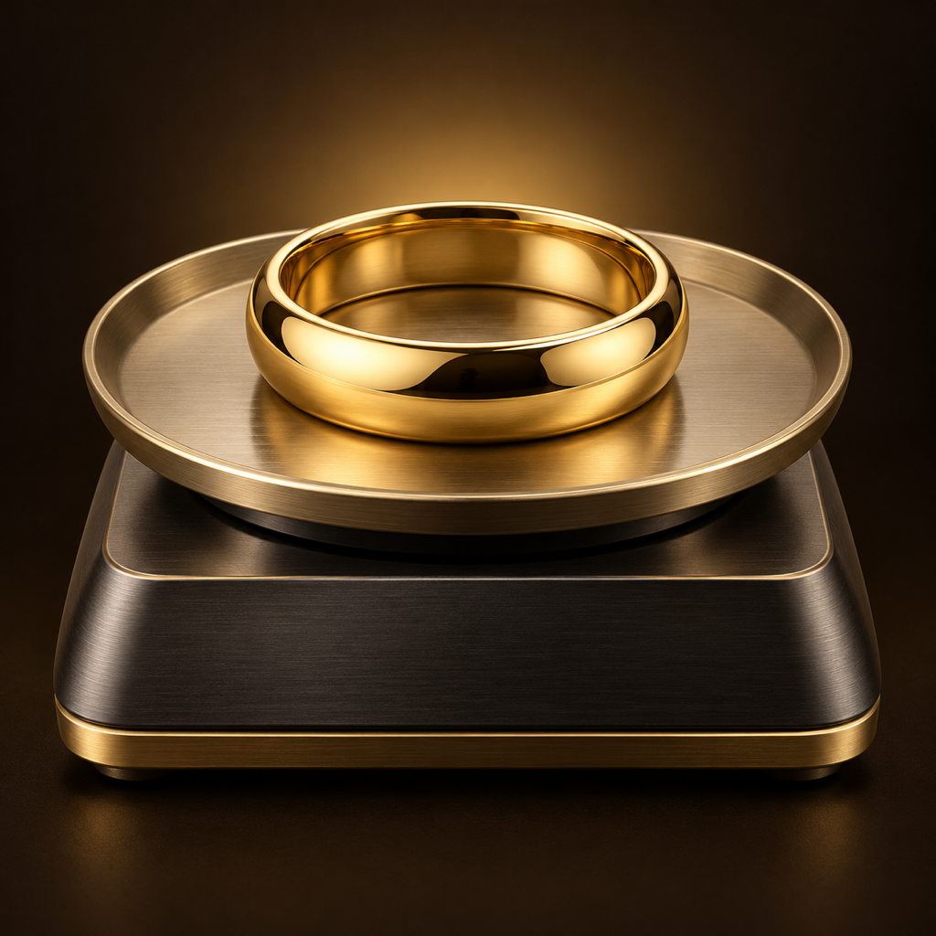 A gold ring on a jeweller’s weighing tray.