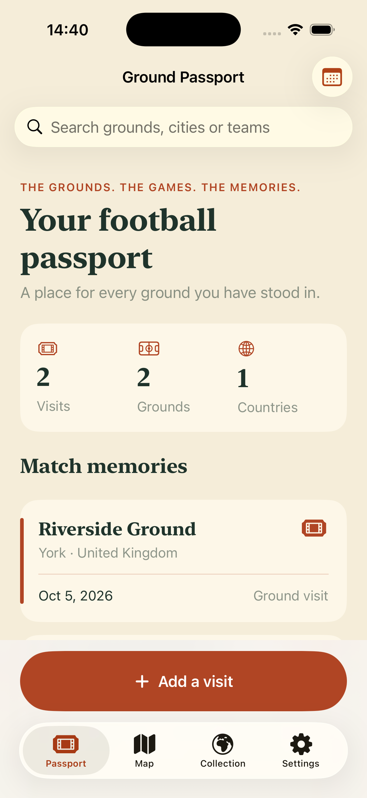 Development passport screen with two fictional visit records.