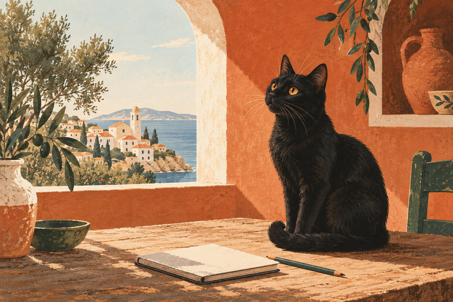 A curious black cat at a sunlit Mediterranean workshop window.