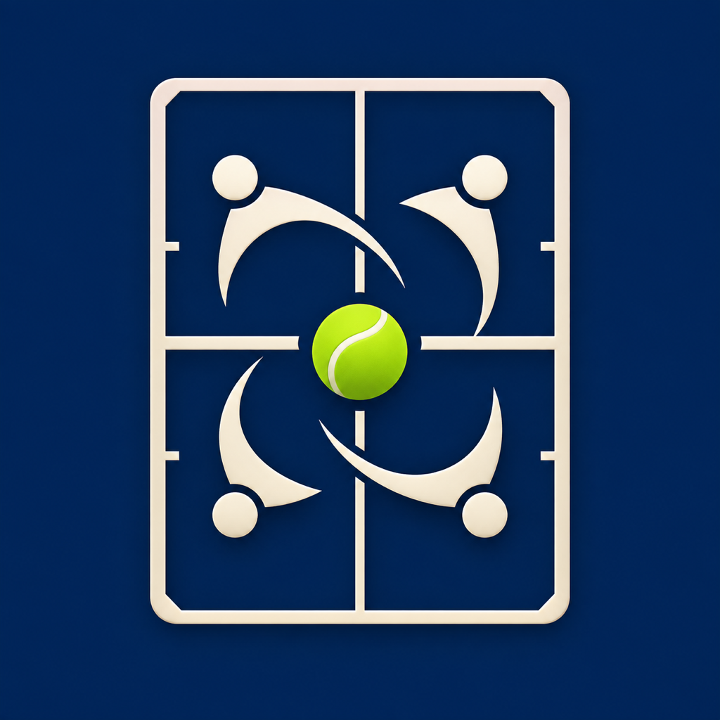 Four rotating players and a lime ball on a navy padel court.